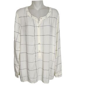 J Jill Womens Tunic Blouse Medium Popover Ivory Windowpane Check Half Button